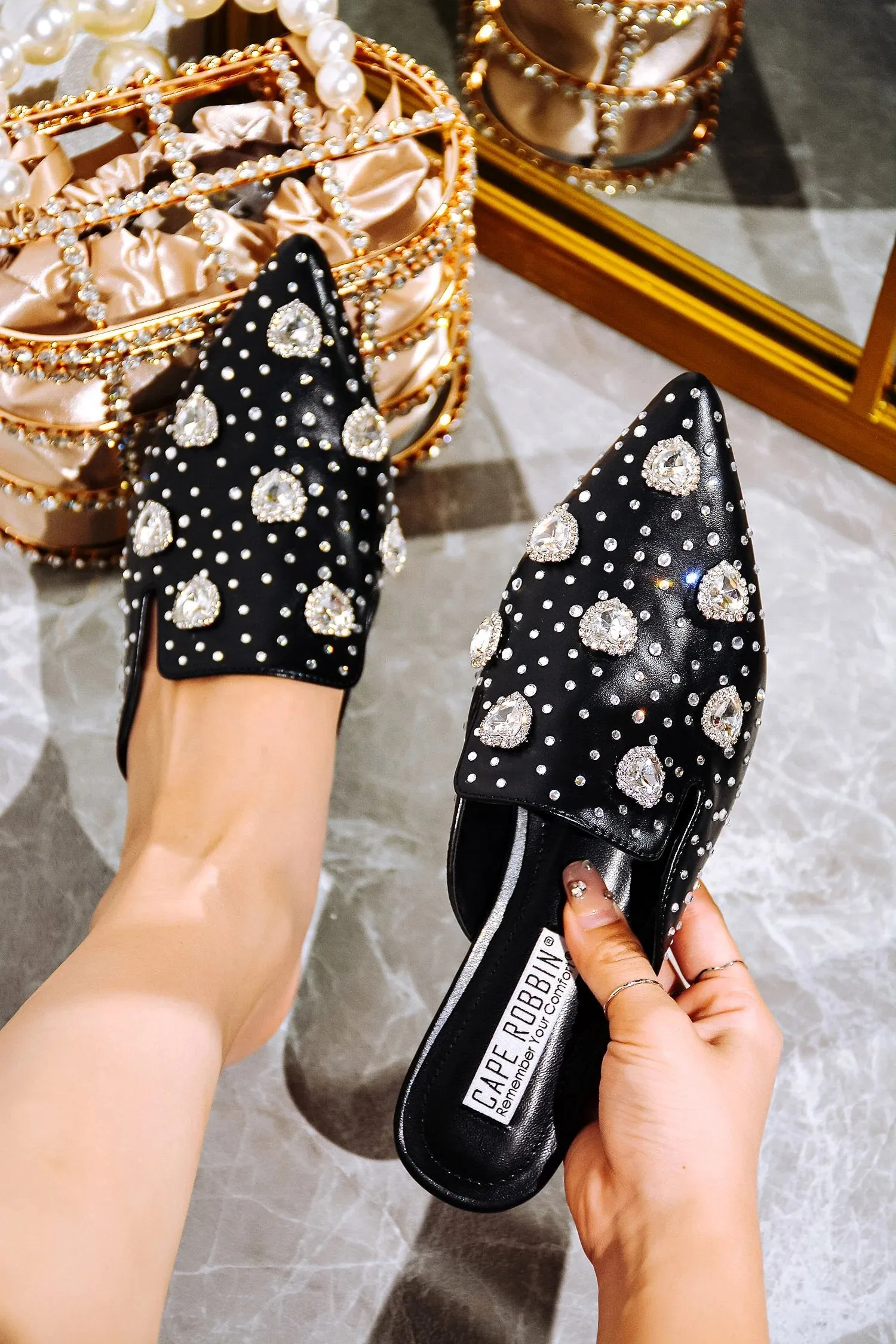 Cape Robbin Sandals Mule Sierra Rhinestone Stud Detail Pointed Toe Slip On Flats
