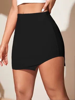 Casual Plain Rib-Knit High Waist Mini Women Skirts