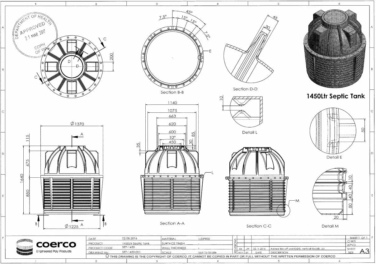 Coerco 1450LTR Poly Septic Tank Perth (1250mm D X 1500mm H)