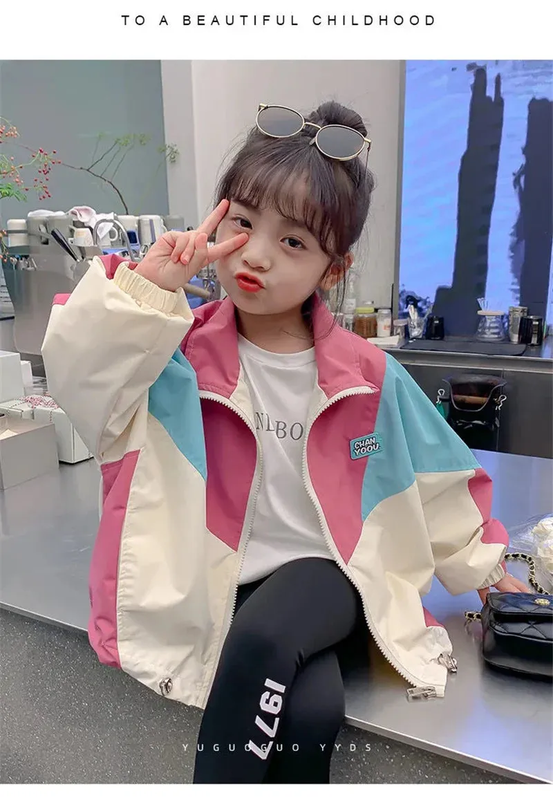 Colorblocking Jackets Spring Girls Fashion Thin Coats Fall Children Clothes Big Kids Casual Zipper Outerwear 2-10 Years