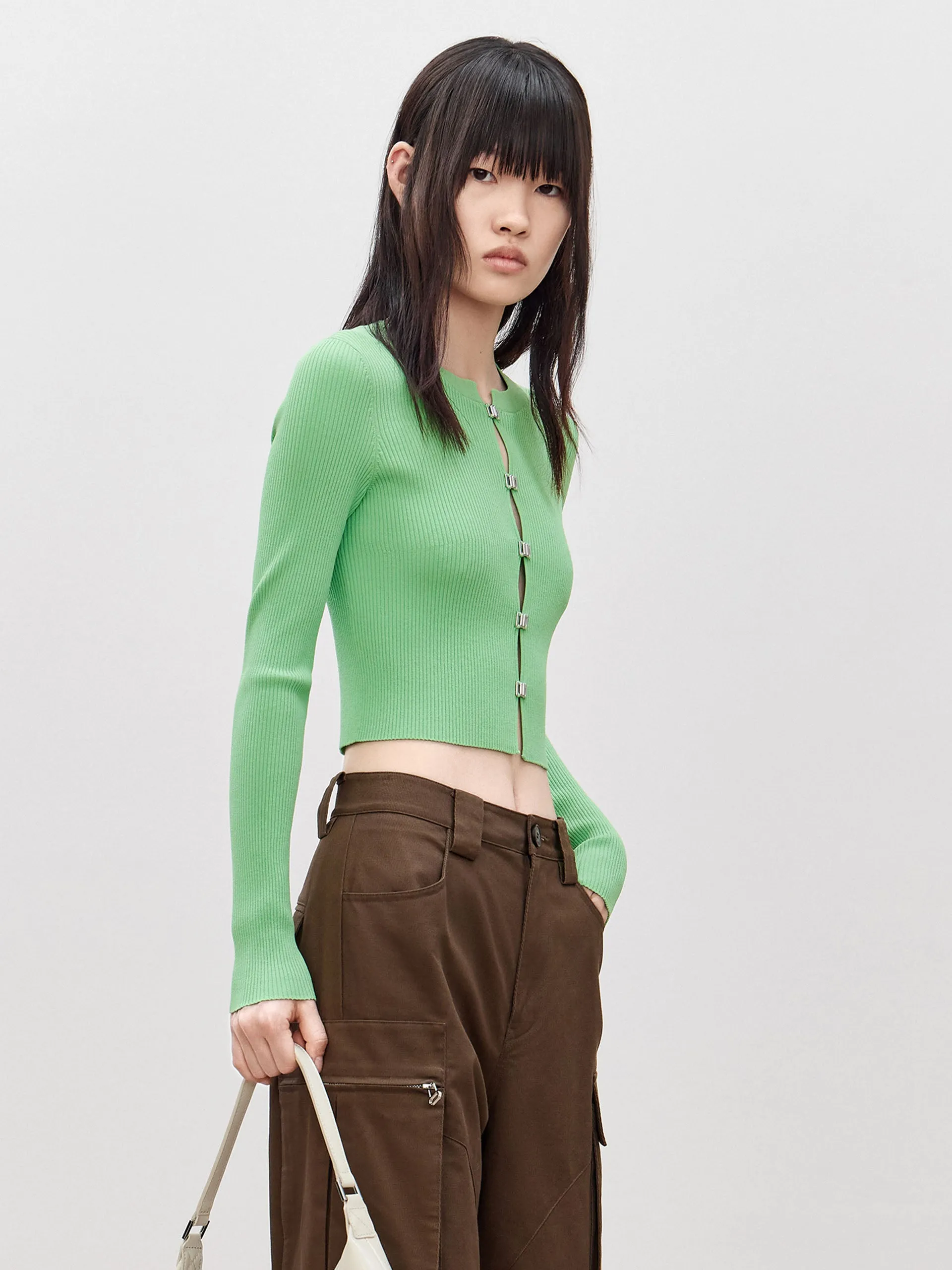 Cropped Metal Button Knit Cardigan