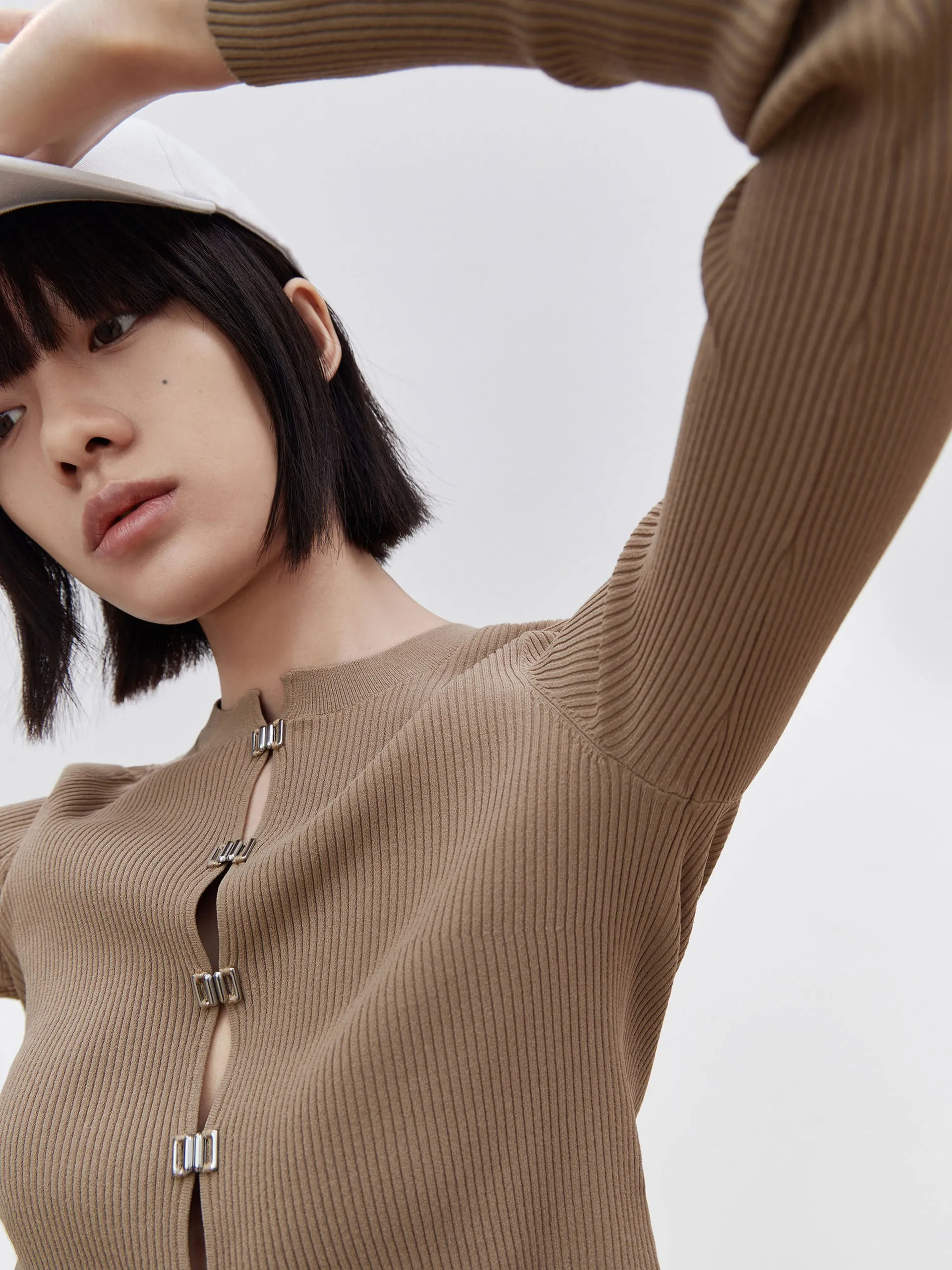 Cropped Metal Button Knit Cardigan