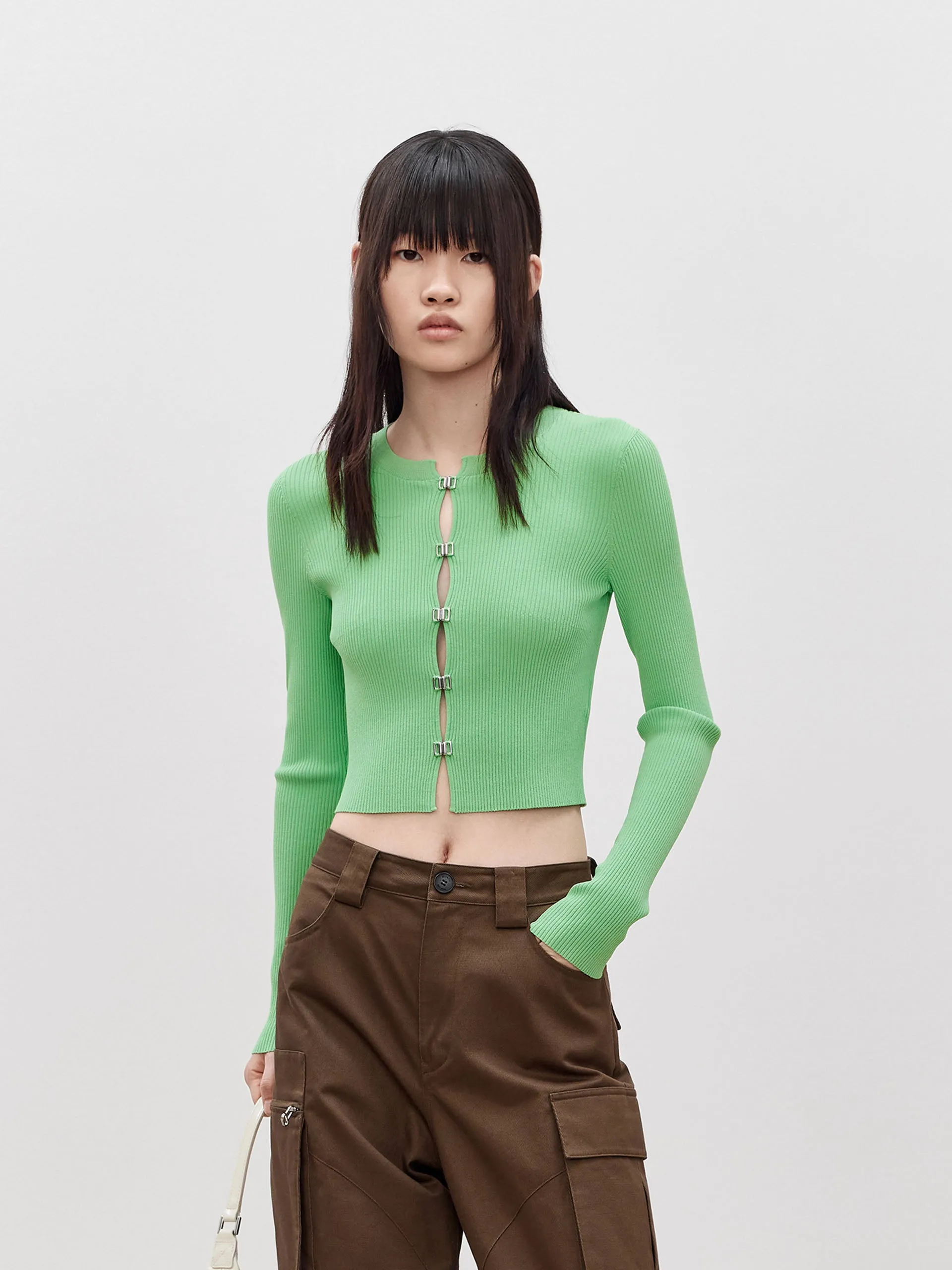 Cropped Metal Button Knit Cardigan