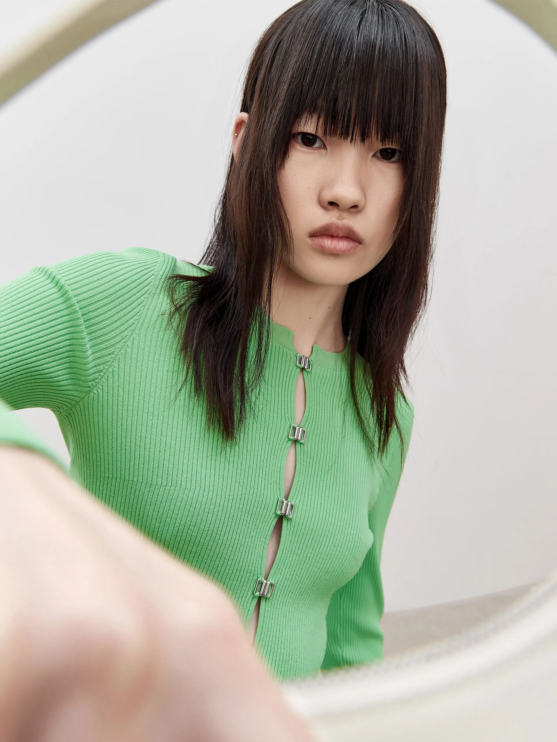 Cropped Metal Button Knit Cardigan
