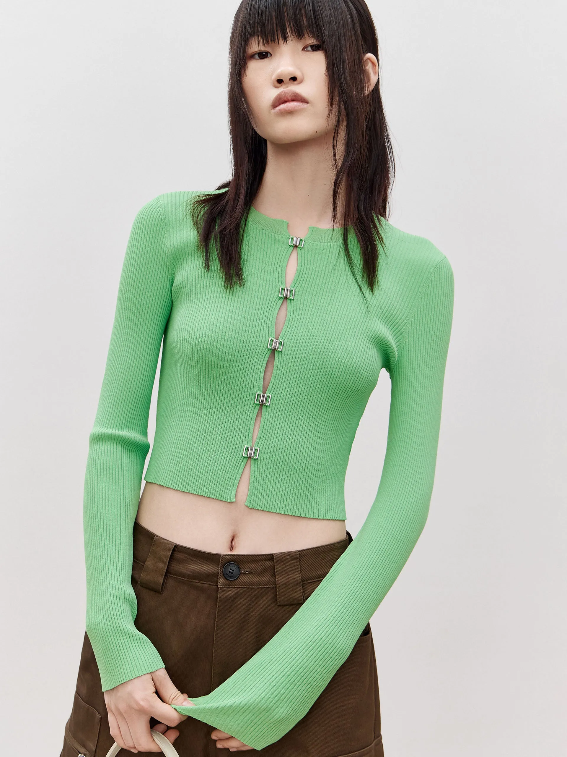Cropped Metal Button Knit Cardigan