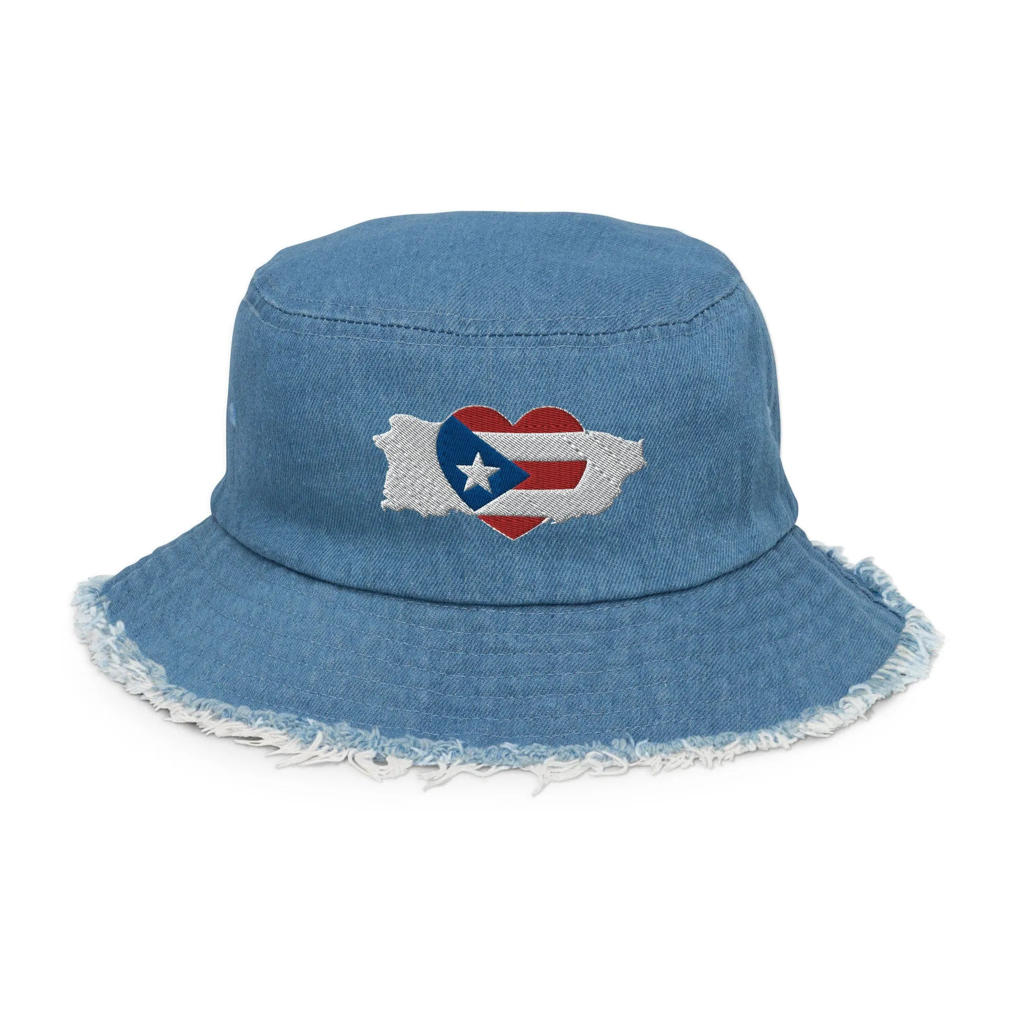 Distressed denim bucket hat with Puerto Rico Love Art embroidered on the front of the hat - More options available in Duotone