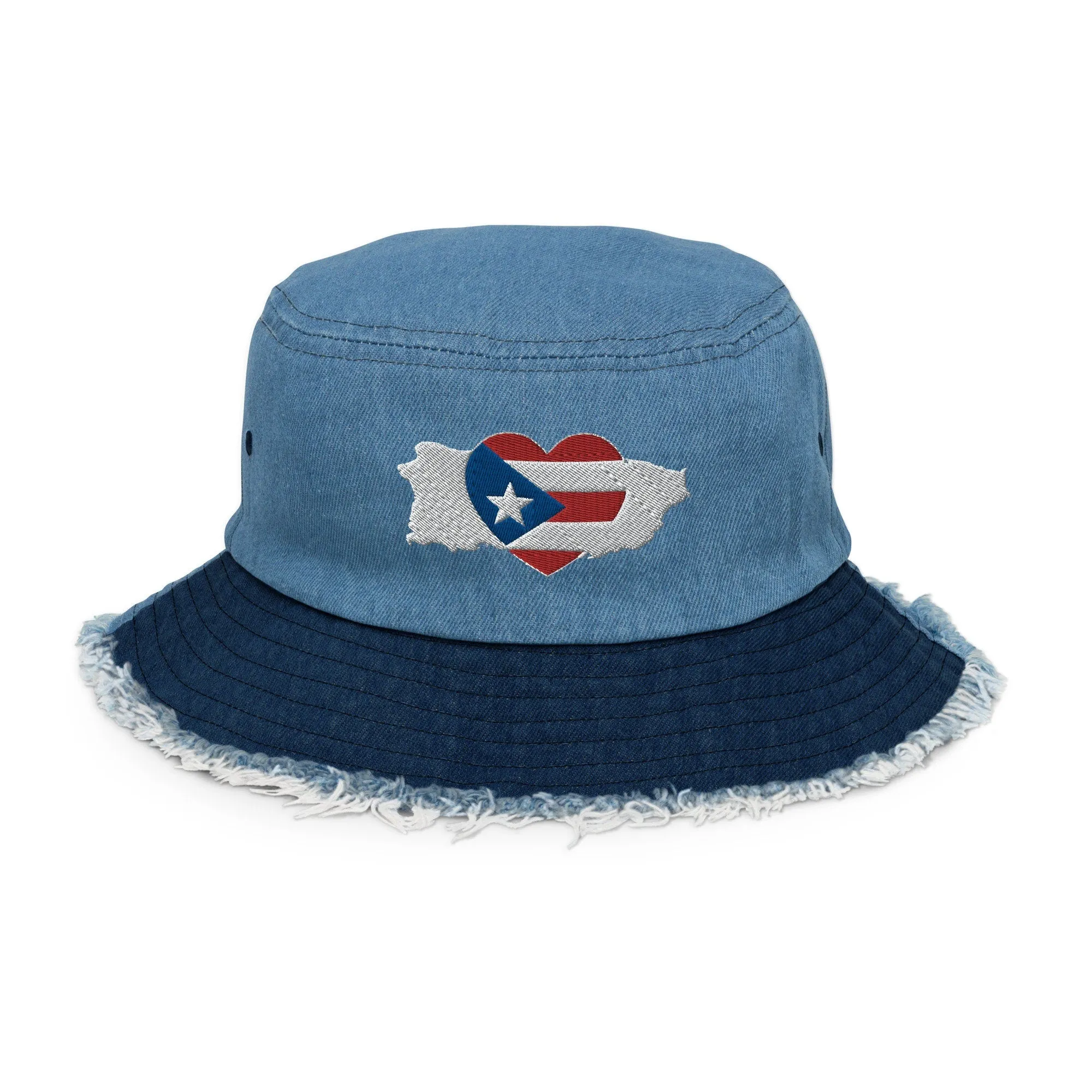 Distressed denim bucket hat with Puerto Rico Love Art embroidered on the front of the hat - More options available in Duotone