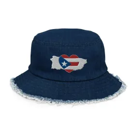 Distressed denim bucket hat with Puerto Rico Love Art embroidered on the front of the hat - More options available in Duotone