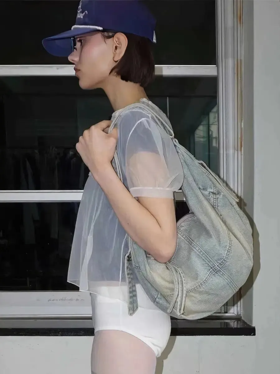 Distressed Tote Bag Washed Denim Single Shoulder