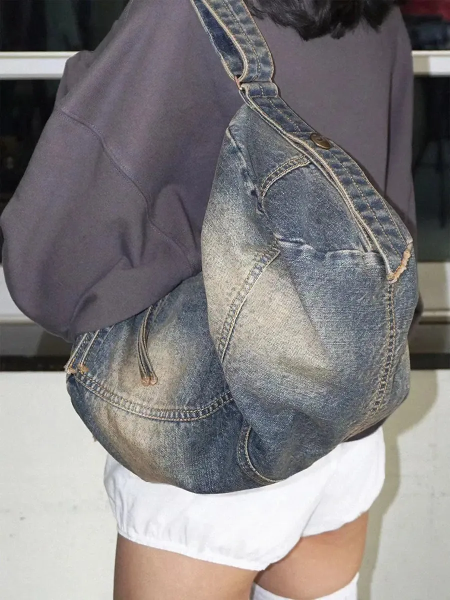 Distressed Tote Bag Washed Denim Single Shoulder