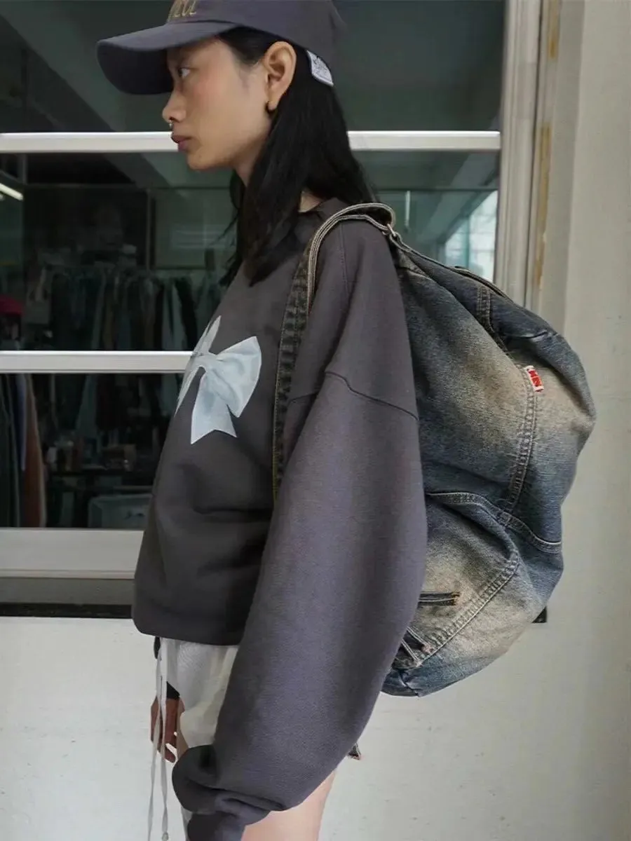 Distressed Tote Bag Washed Denim Single Shoulder