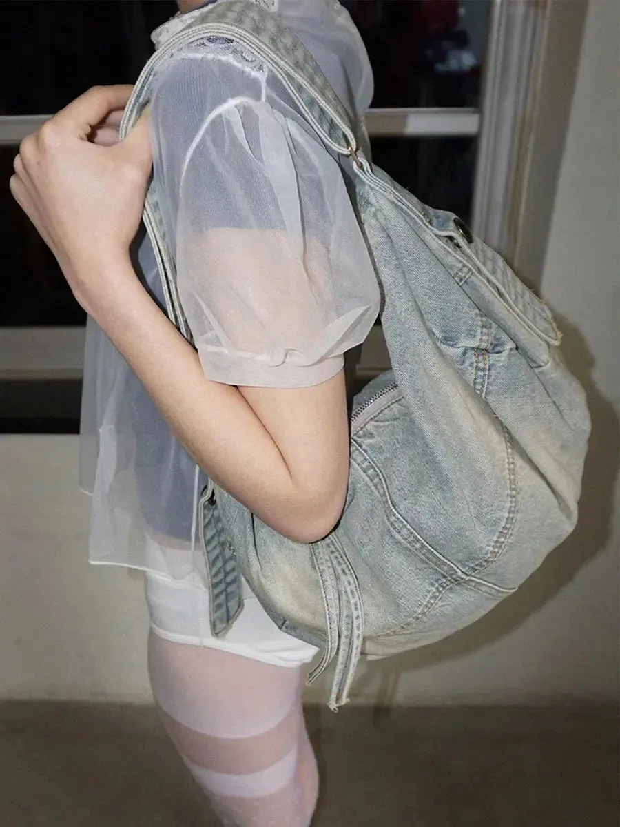 Distressed Tote Bag Washed Denim Single Shoulder