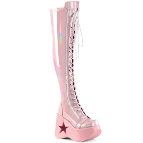 DYNAMITE-300 DemoniaCult Baby Pink Pink Stretch Holo Sexy Women's Over-the-Knee Boots (Alternative Footwear)