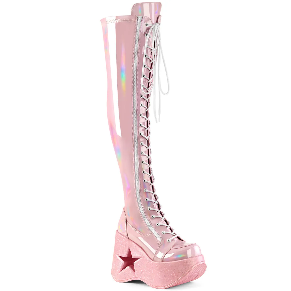 DYNAMITE-300 DemoniaCult Baby Pink Pink Stretch Holo Sexy Women's Over-the-Knee Boots (Alternative Footwear)