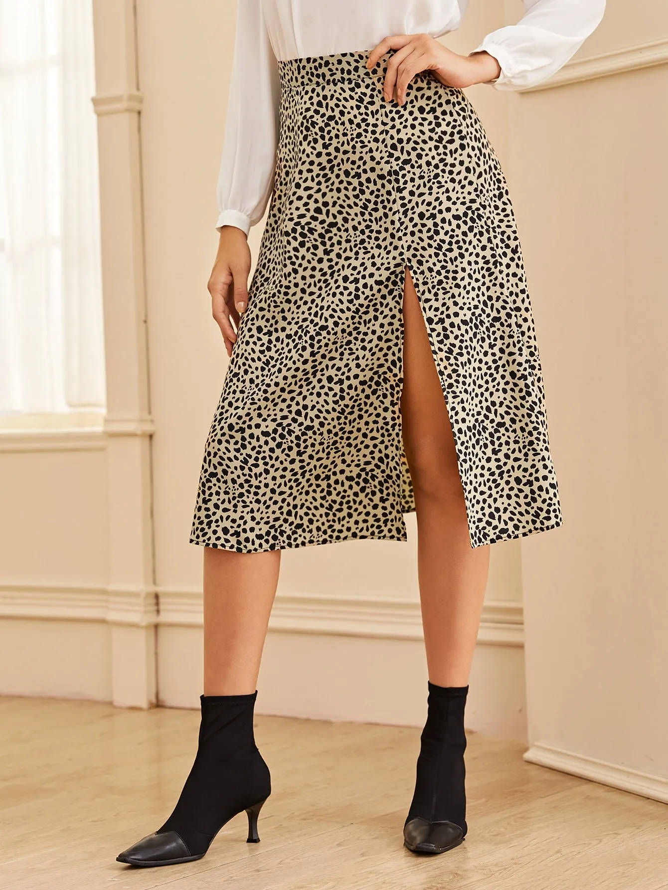 Elegant All Over Print Split Thigh Natural Short Women Skirt