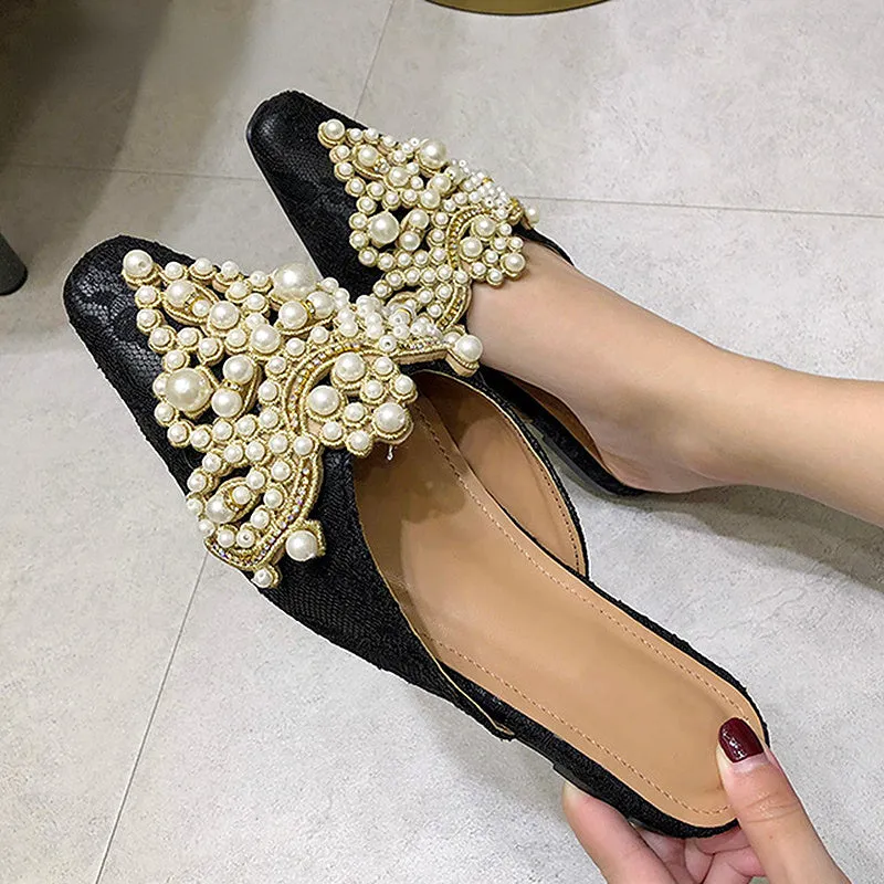 Faux Pearl Decor Kitten Heeled Mules Women Ballet Flats Rhinestone Wedding Ballerina Shoes Foldable Sparkly Comfort Slip on Dress Flats
