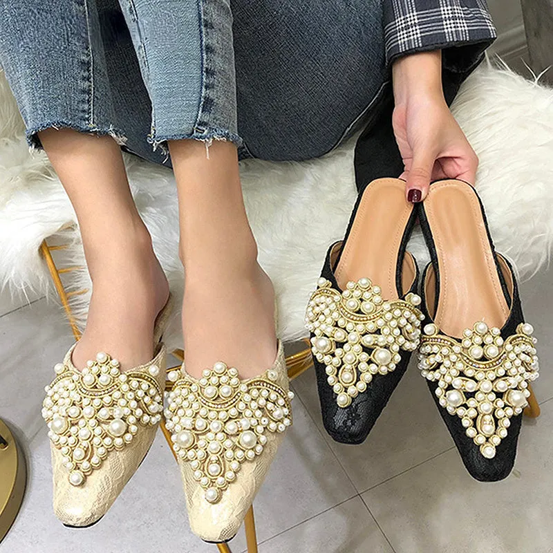 Faux Pearl Decor Kitten Heeled Mules Women Ballet Flats Rhinestone Wedding Ballerina Shoes Foldable Sparkly Comfort Slip on Dress Flats