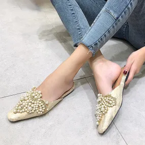 Faux Pearl Decor Kitten Heeled Mules Women Ballet Flats Rhinestone Wedding Ballerina Shoes Foldable Sparkly Comfort Slip on Dress Flats