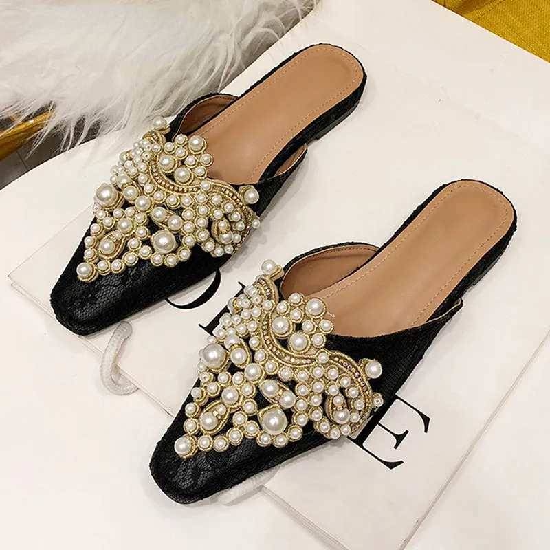 Faux Pearl Decor Kitten Heeled Mules Women Ballet Flats Rhinestone Wedding Ballerina Shoes Foldable Sparkly Comfort Slip on Dress Flats