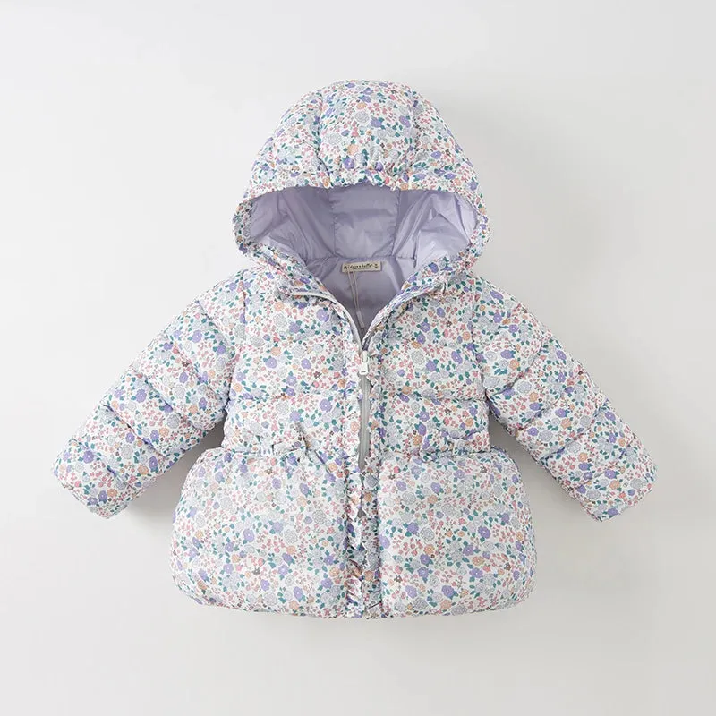 Floral Print Kids Girl Warm Hooded Outerwear