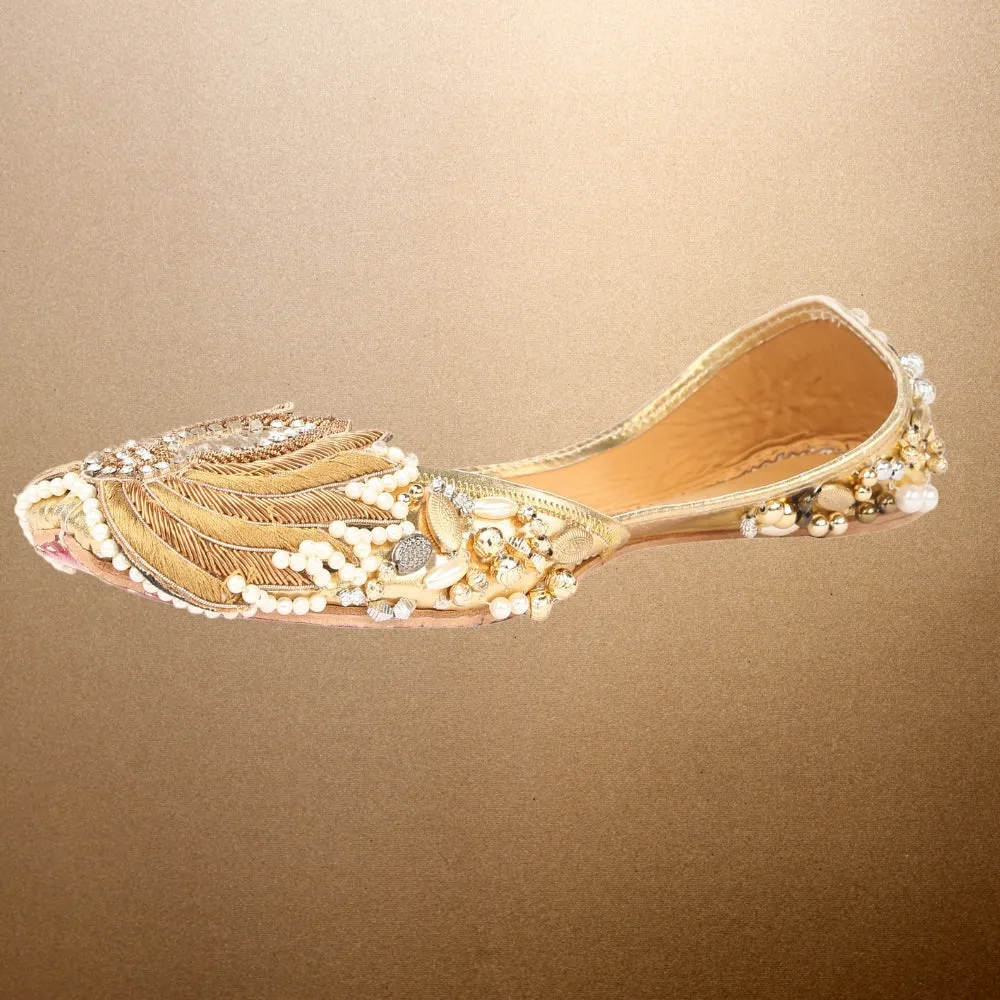 Golden Jutti for Women | Lavishly Adorned | Ethnic Party Wear