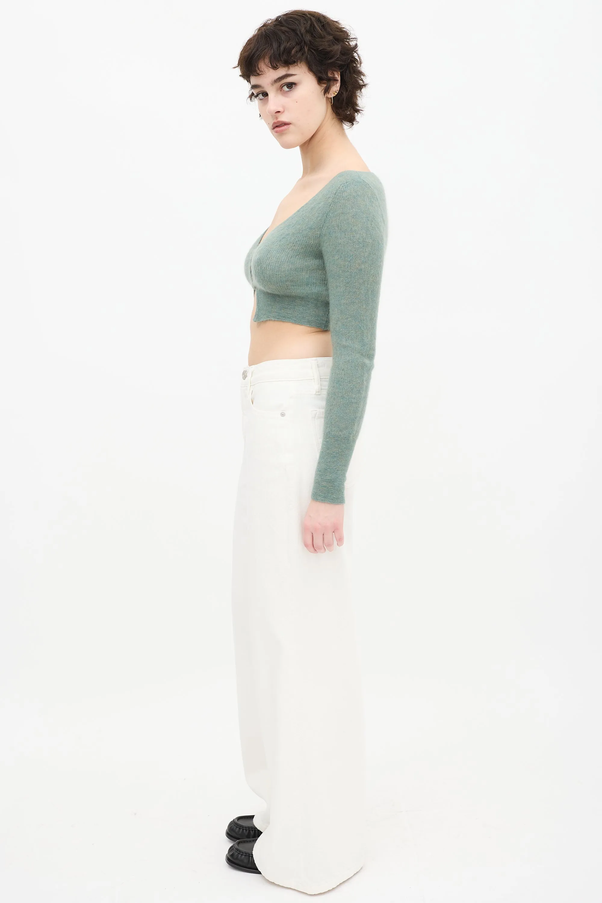 Green Mohair Ribbed Cropped Cardigan