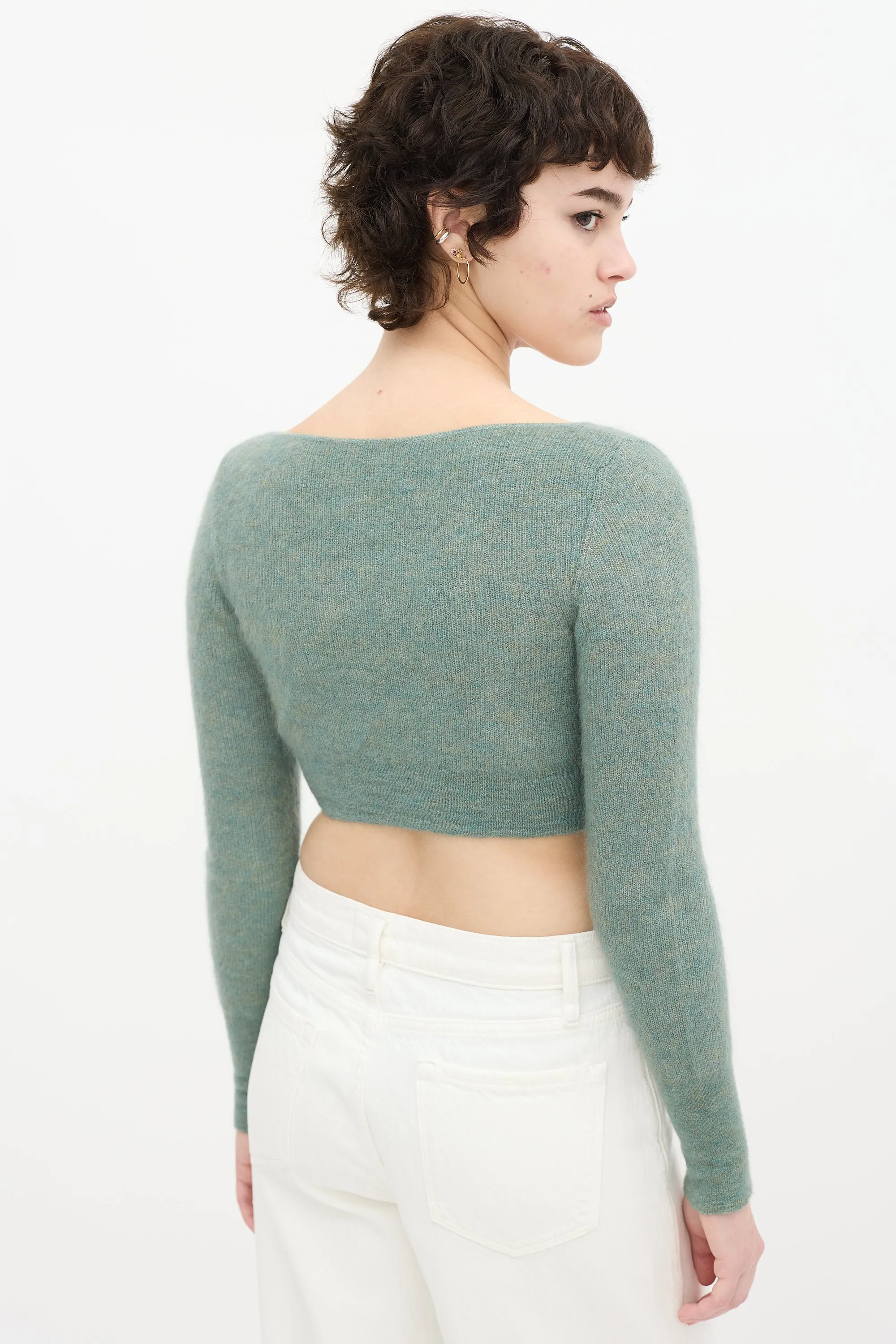 Green Mohair Ribbed Cropped Cardigan