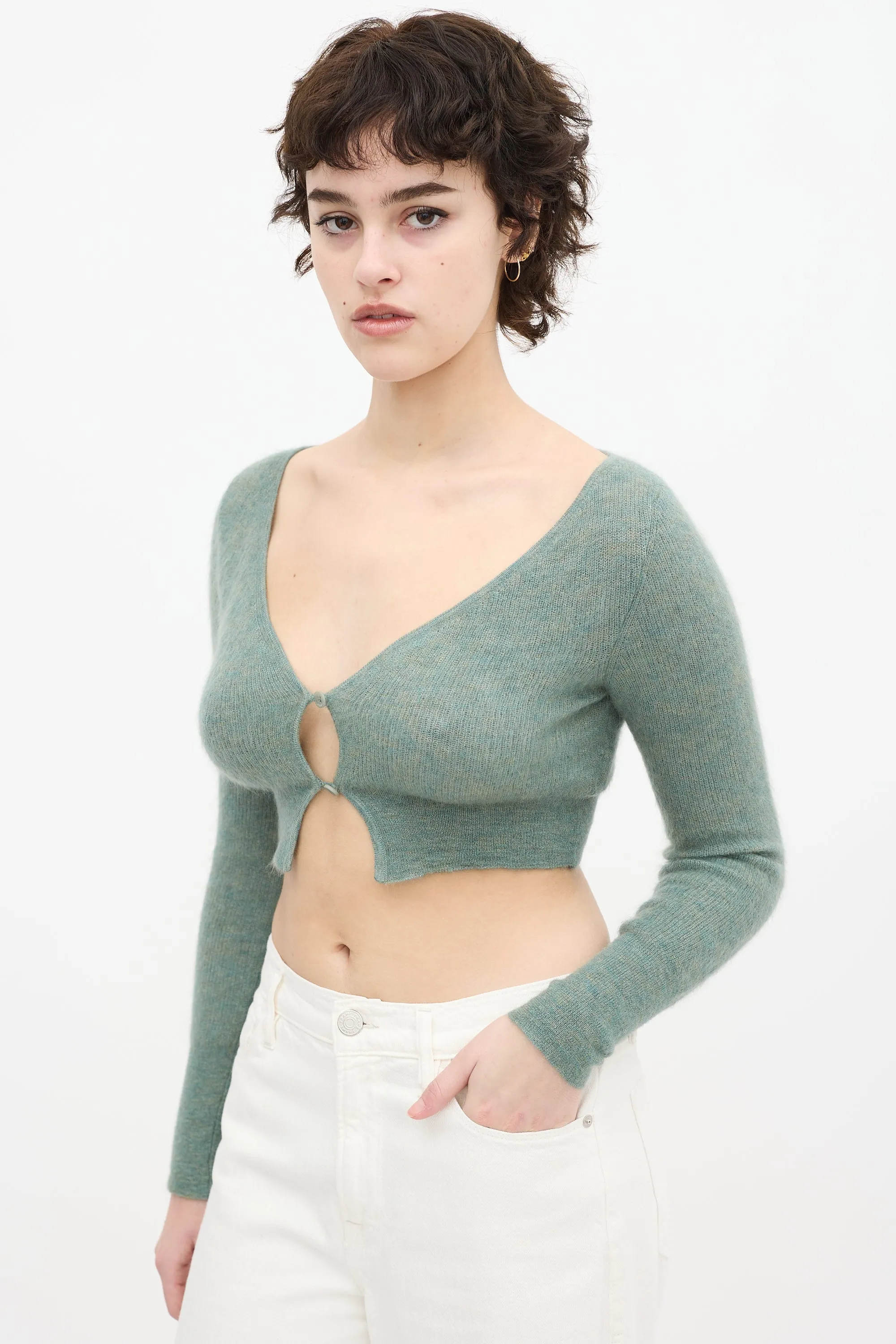 Green Mohair Ribbed Cropped Cardigan