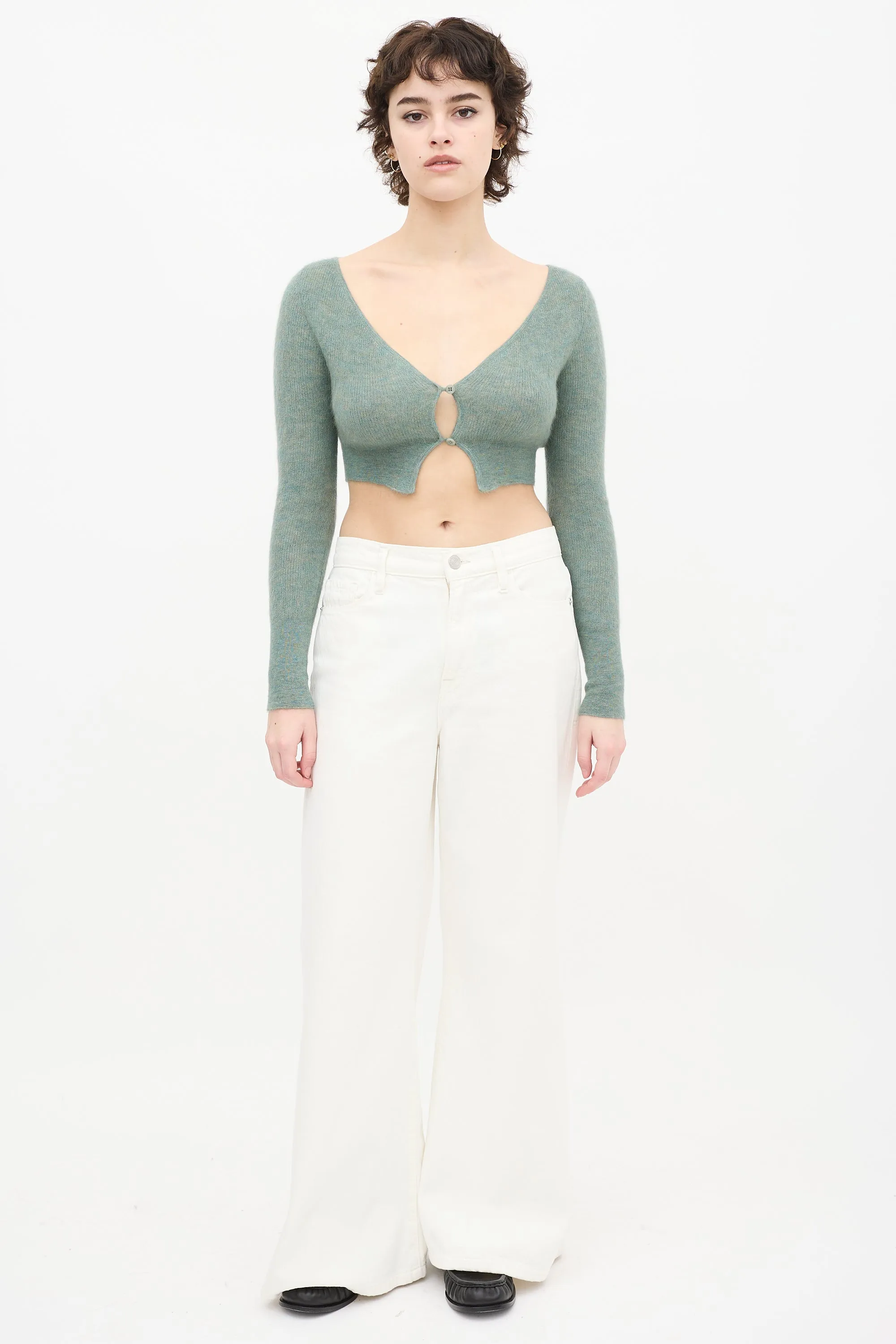 Green Mohair Ribbed Cropped Cardigan
