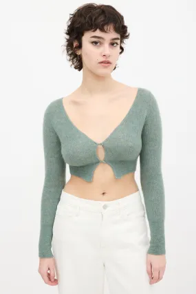 Green Mohair Ribbed Cropped Cardigan
