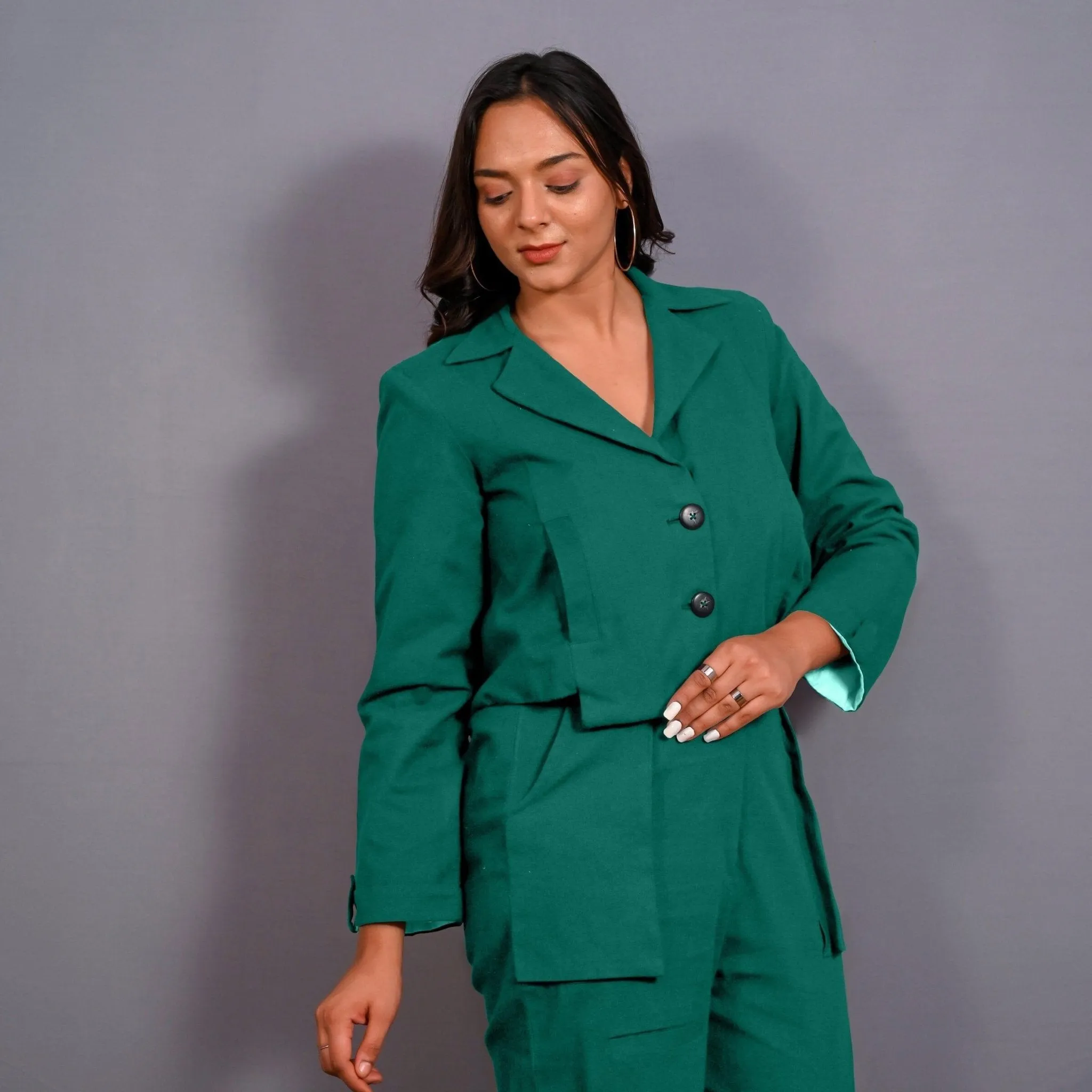 Green Warm Cotton Flannel Single-Breasted Crop Blazer
