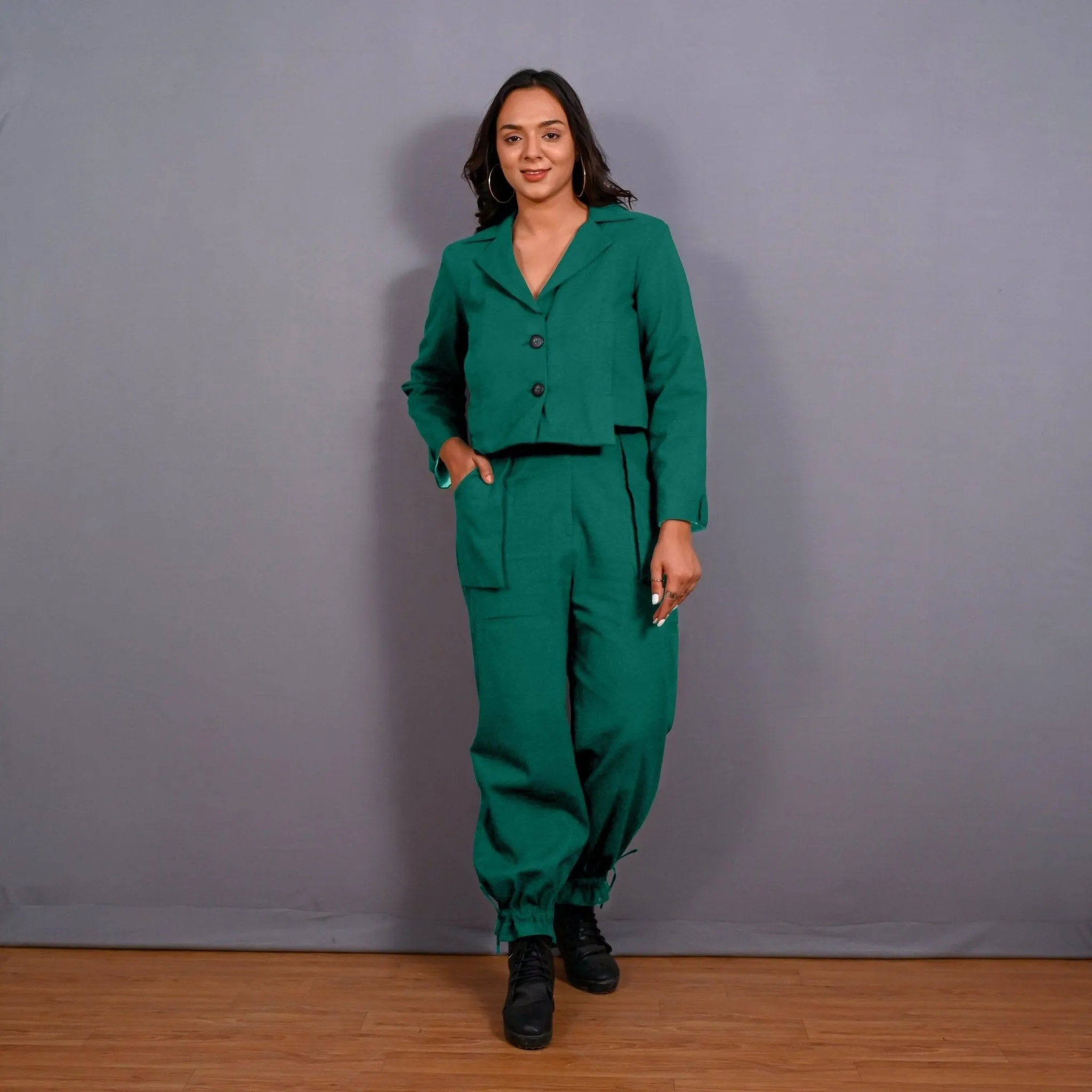 Green Warm Cotton Flannel Single-Breasted Crop Blazer