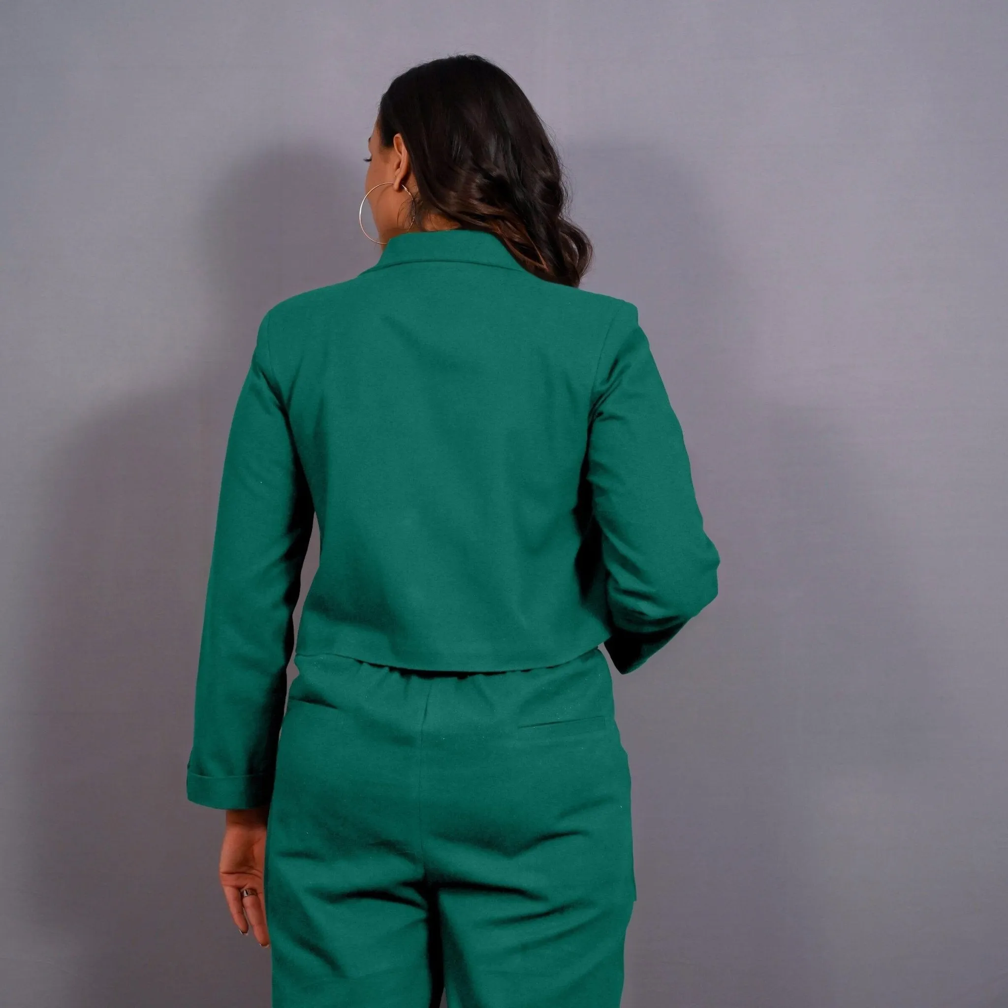 Green Warm Cotton Flannel Single-Breasted Crop Blazer