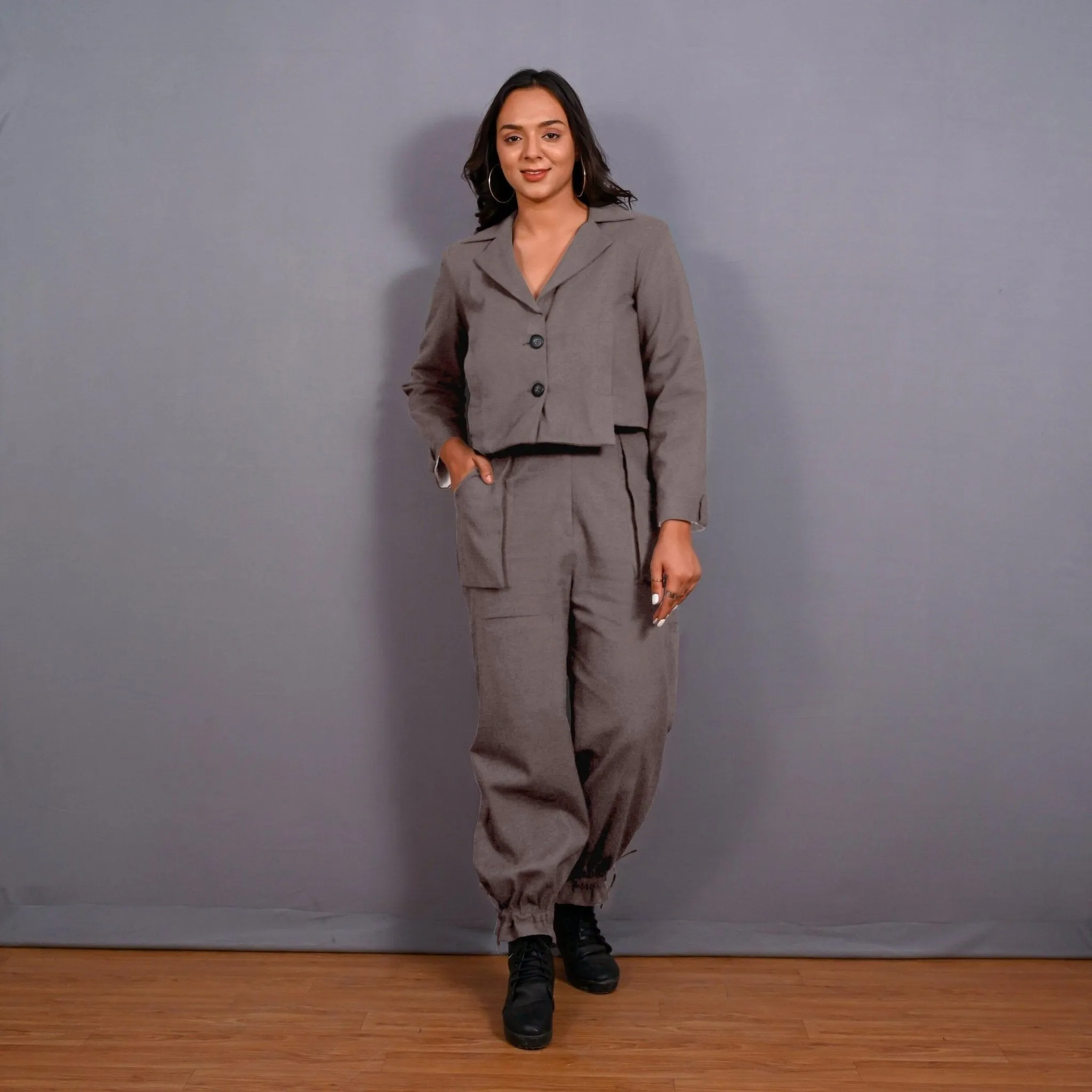 Grey Warm Cotton Flannel Single-Breasted Crop Blazer