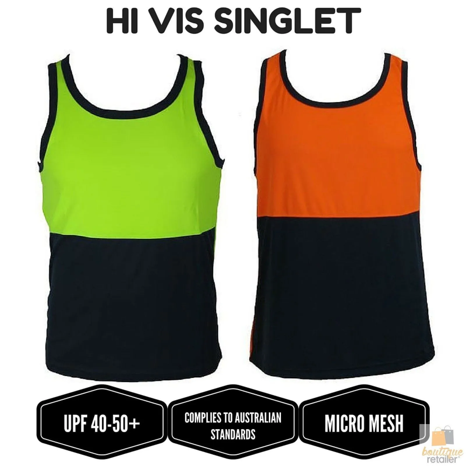 Hi Vis SINGLET Work Wear Safety Tank Top Fluro Micro Mesh UPF50  High Visibility