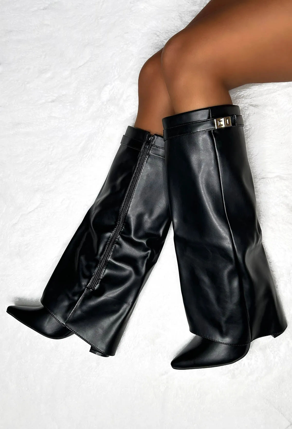 Keep A Secret Black Faux Leather Fold Over Knee High Boots