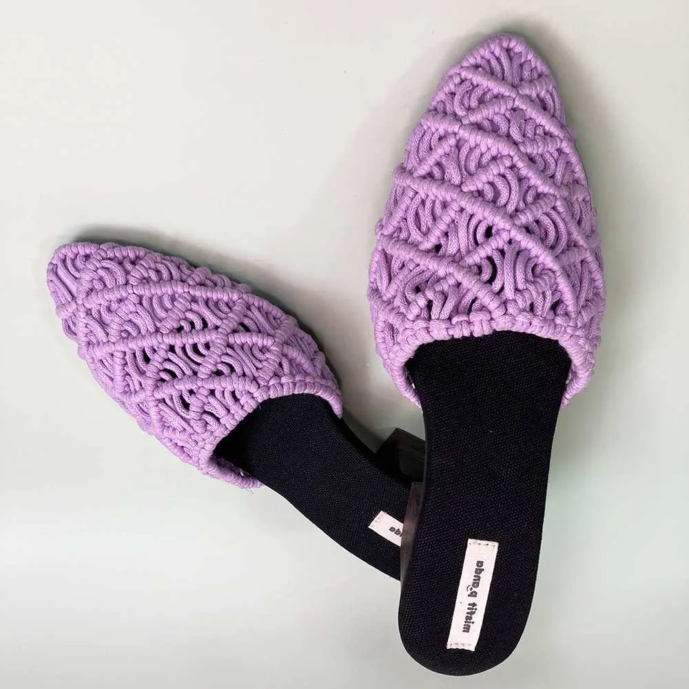 Lavender Mules for Women | Handcrafted Macrame | Block Heel