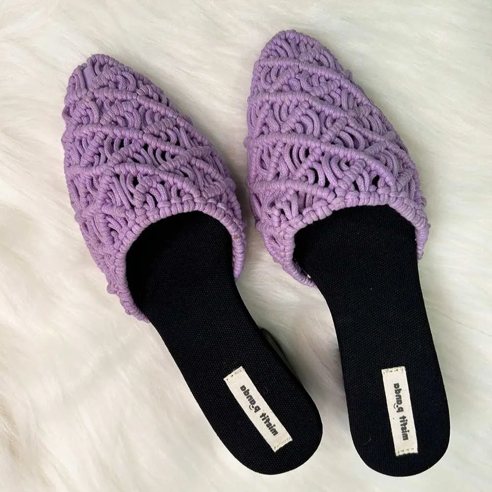 Lavender Mules for Women | Handcrafted Macrame | Block Heel