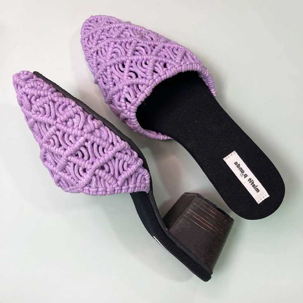 Lavender Mules for Women | Handcrafted Macrame | Block Heel