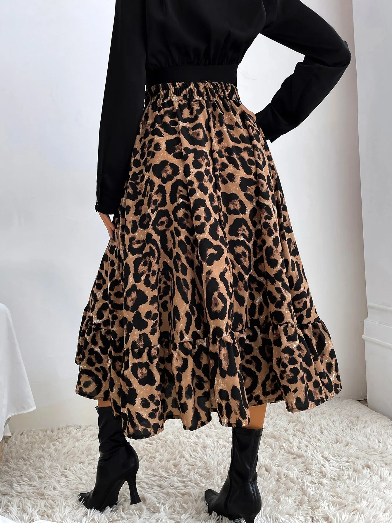 Leopard Print Ruffle Hem Skirt