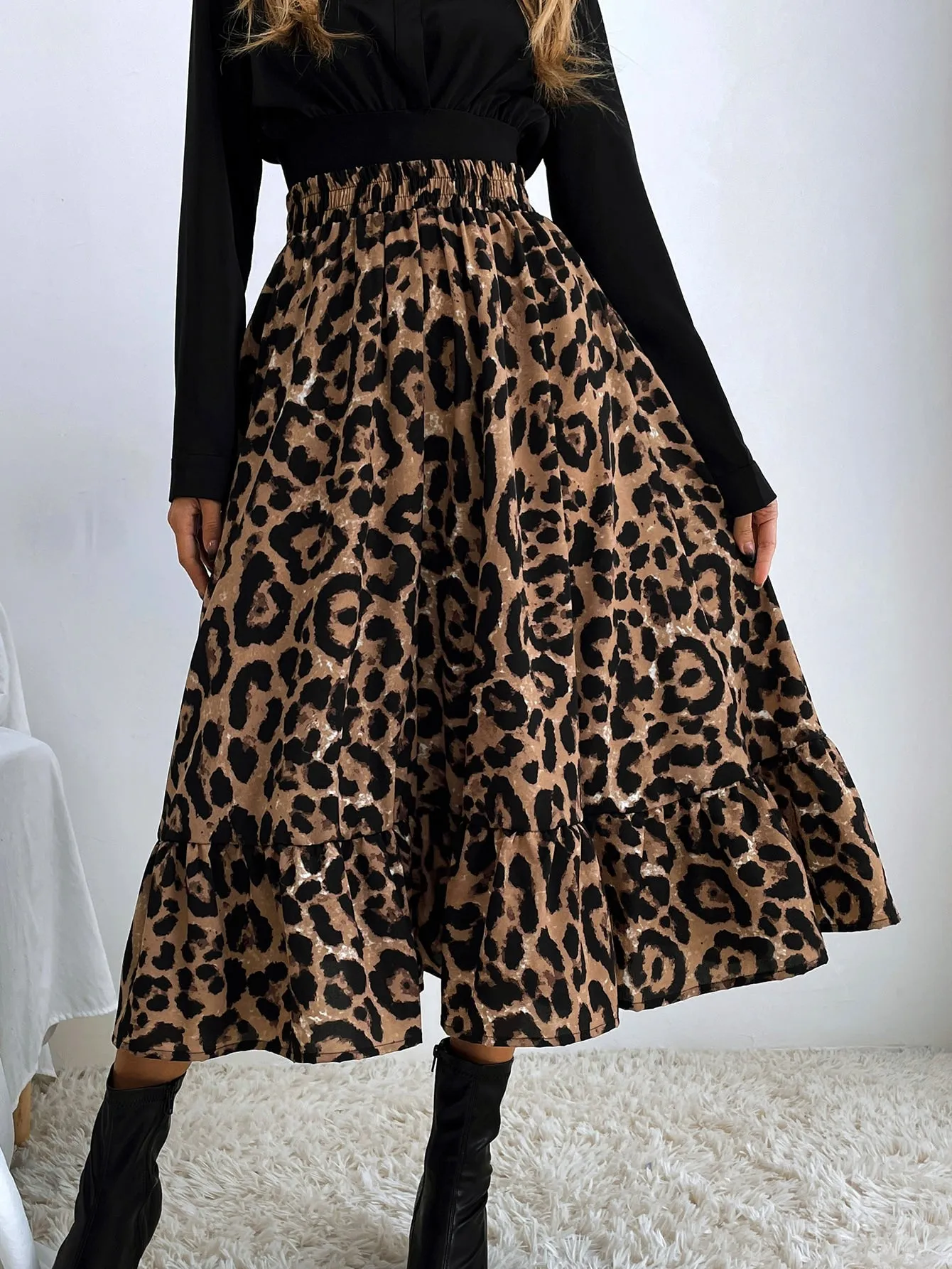 Leopard Print Ruffle Hem Skirt