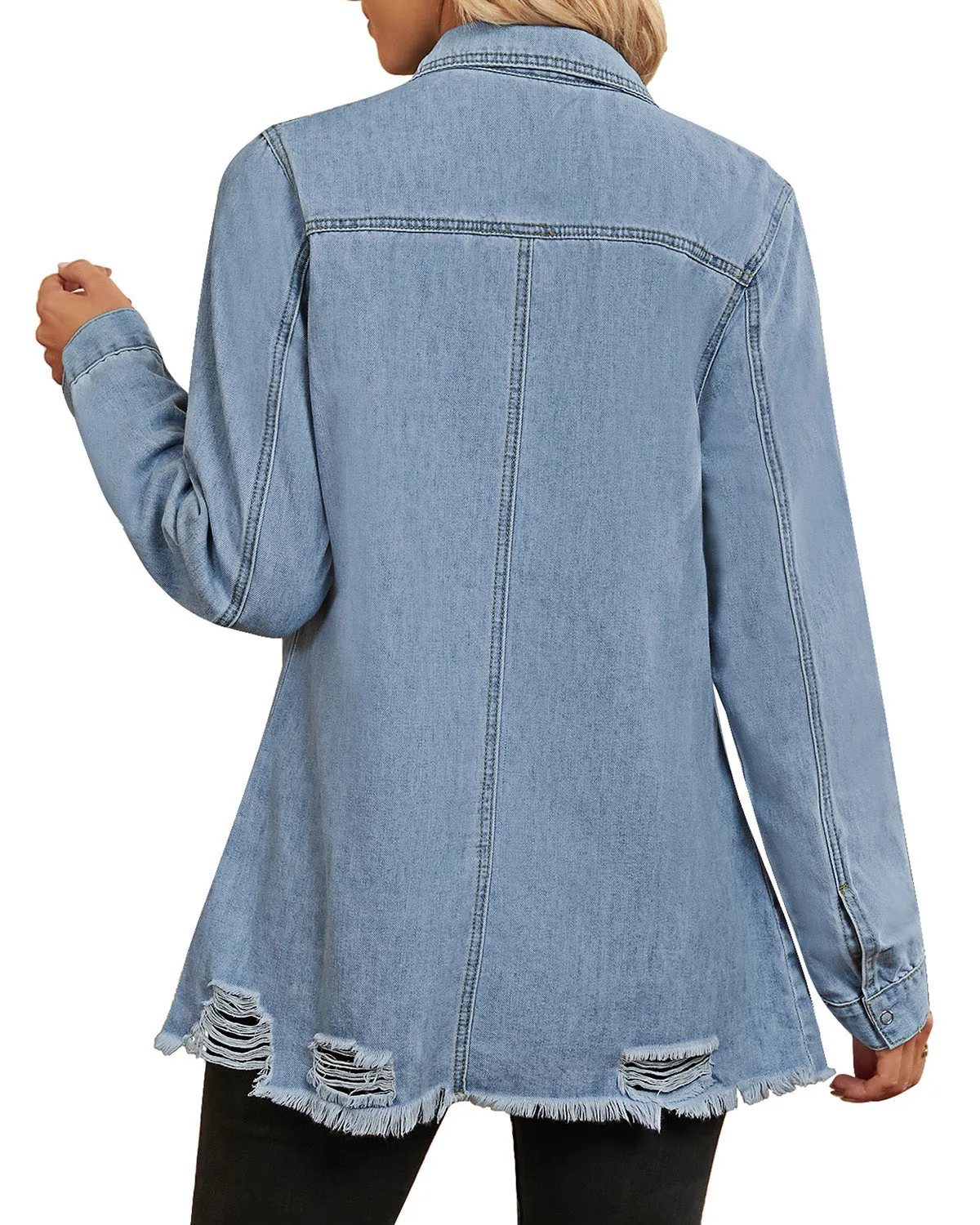 Light Blue Frayed Hem Distressed Button-Down Denim Jacket