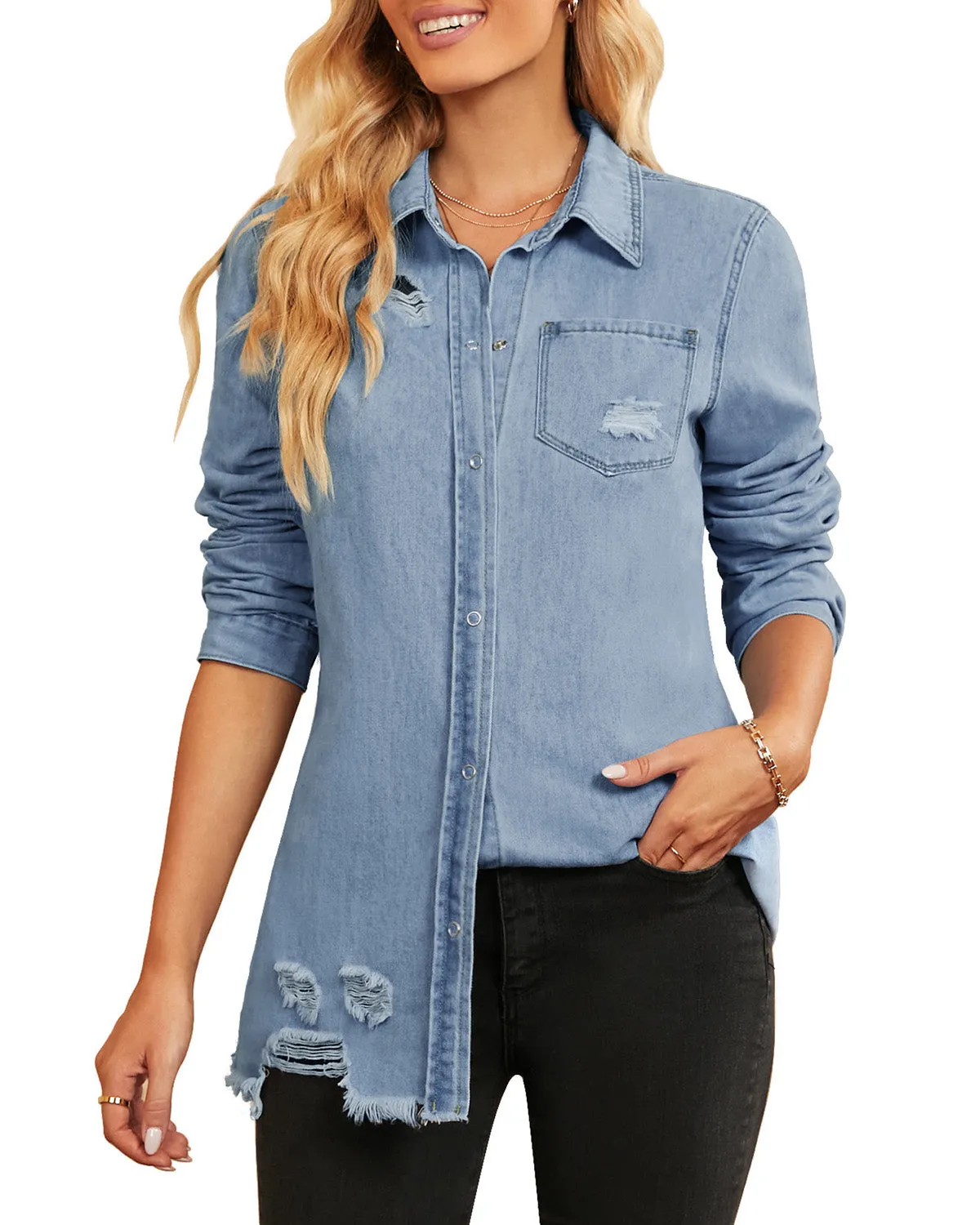 Light Blue Frayed Hem Distressed Button-Down Denim Jacket