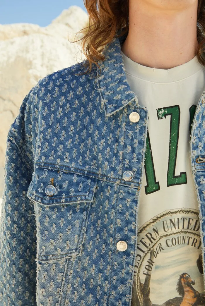 Light Blue Pulled Distressed Western Denim Jacket