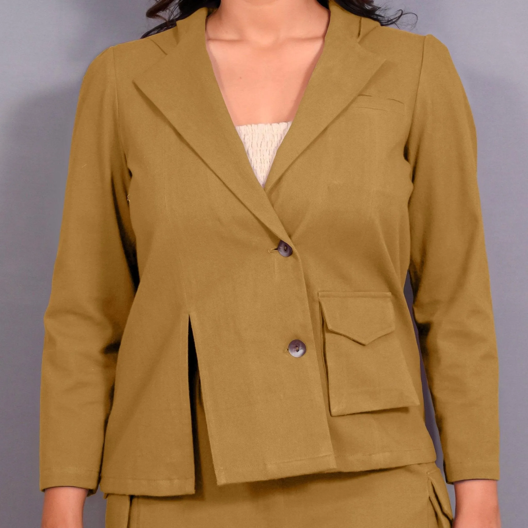 Mustard Warm Cotton Flannel Single-Breasted Hoodie Blazer