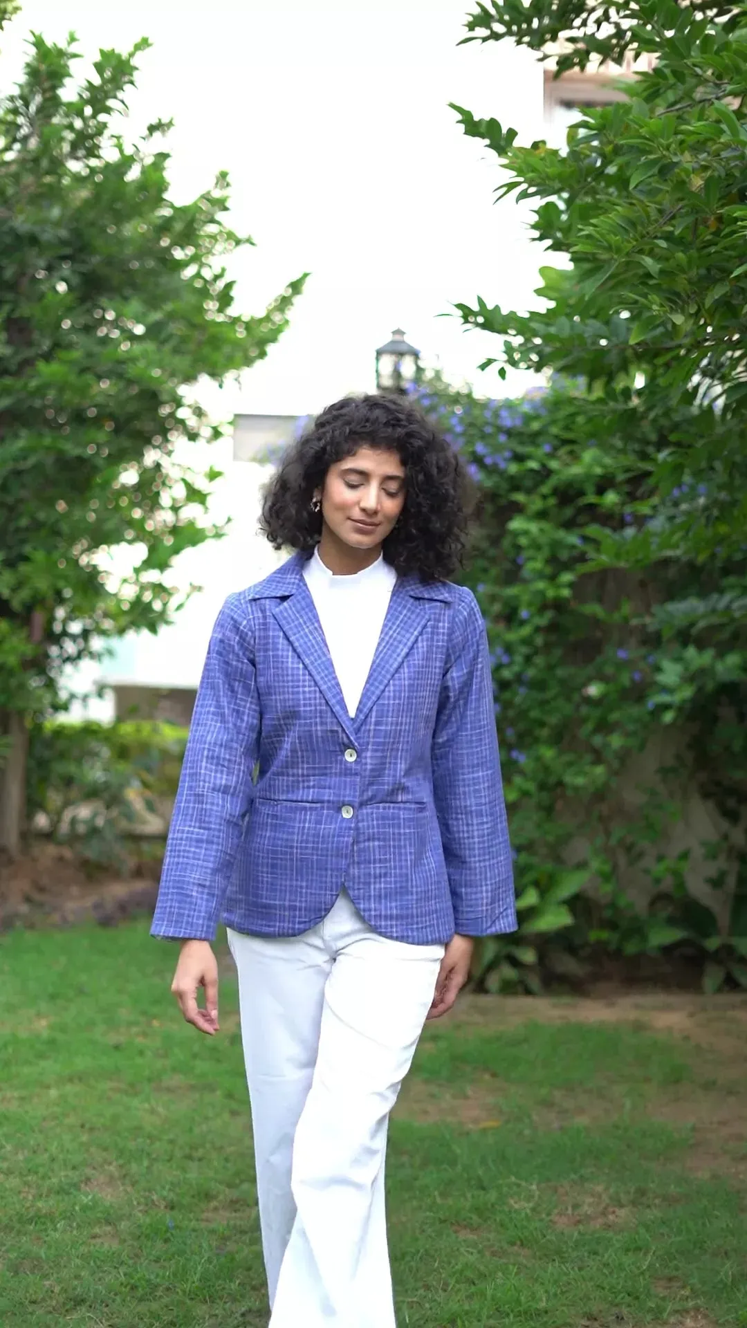 Navy Blue Warm Checks Handspun Cotton Button-Down Blazer
