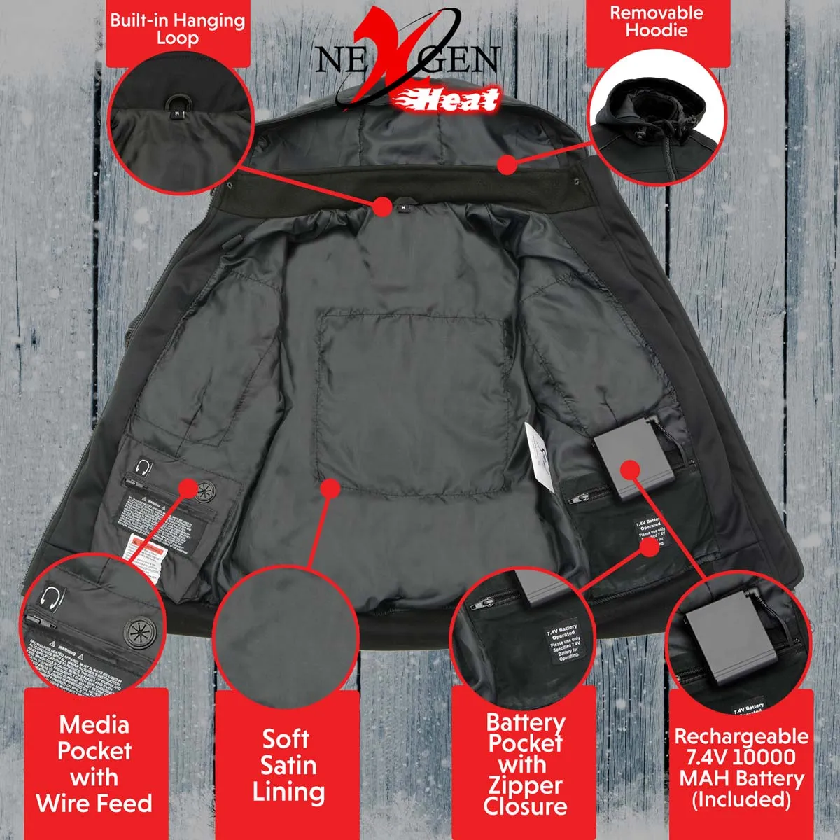 Nexgen Heat MPM1761SET Mens Black 'Heated' Soft Shell Racing Style Motorcycle Heated Jacket for Riding w/ Battery