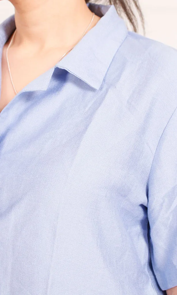 O204333 - Cropped Linen Button-Up Shirt - Light Blue