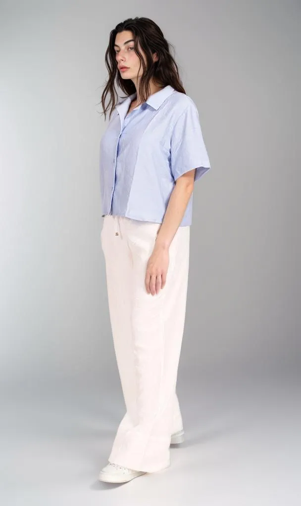 O204333 - Cropped Linen Button-Up Shirt - Light Blue