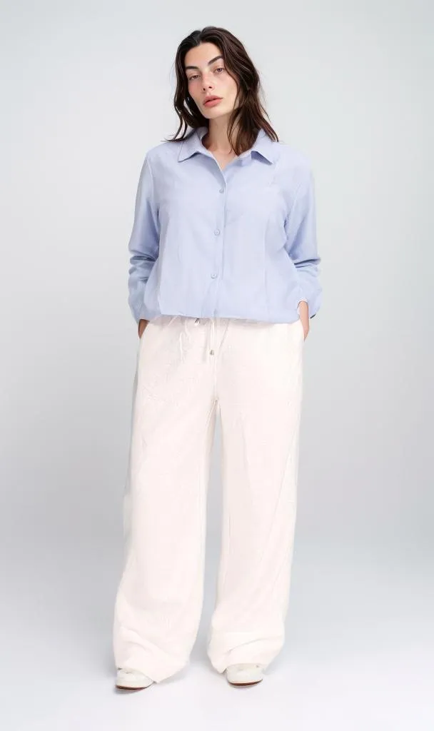 O204333 - Cropped Linen Button-Up Shirt - Light Blue
